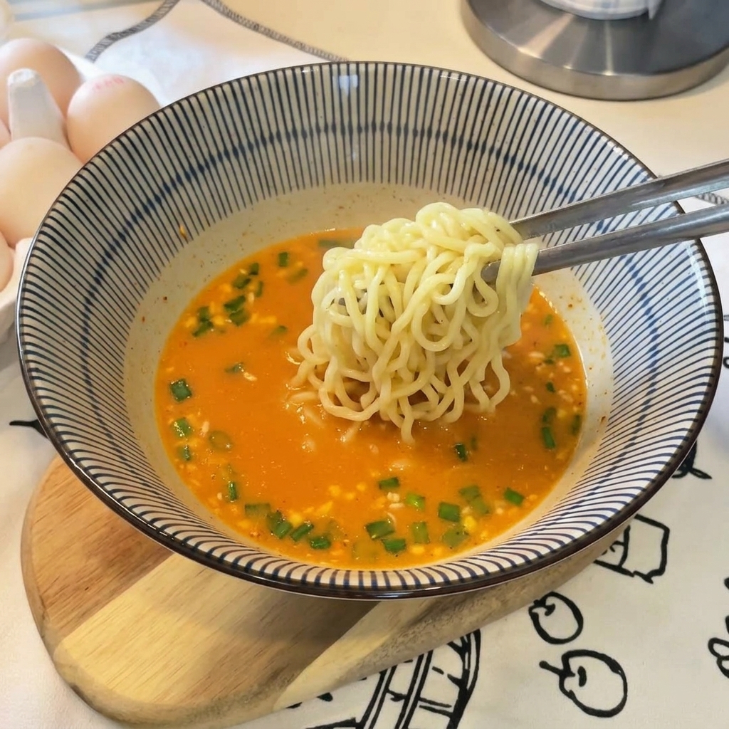 Unas pinzas metálicas sosteniendo un mechón de fideos amarillos cocidos sobre un tazón de caldo naranja con cebollín.