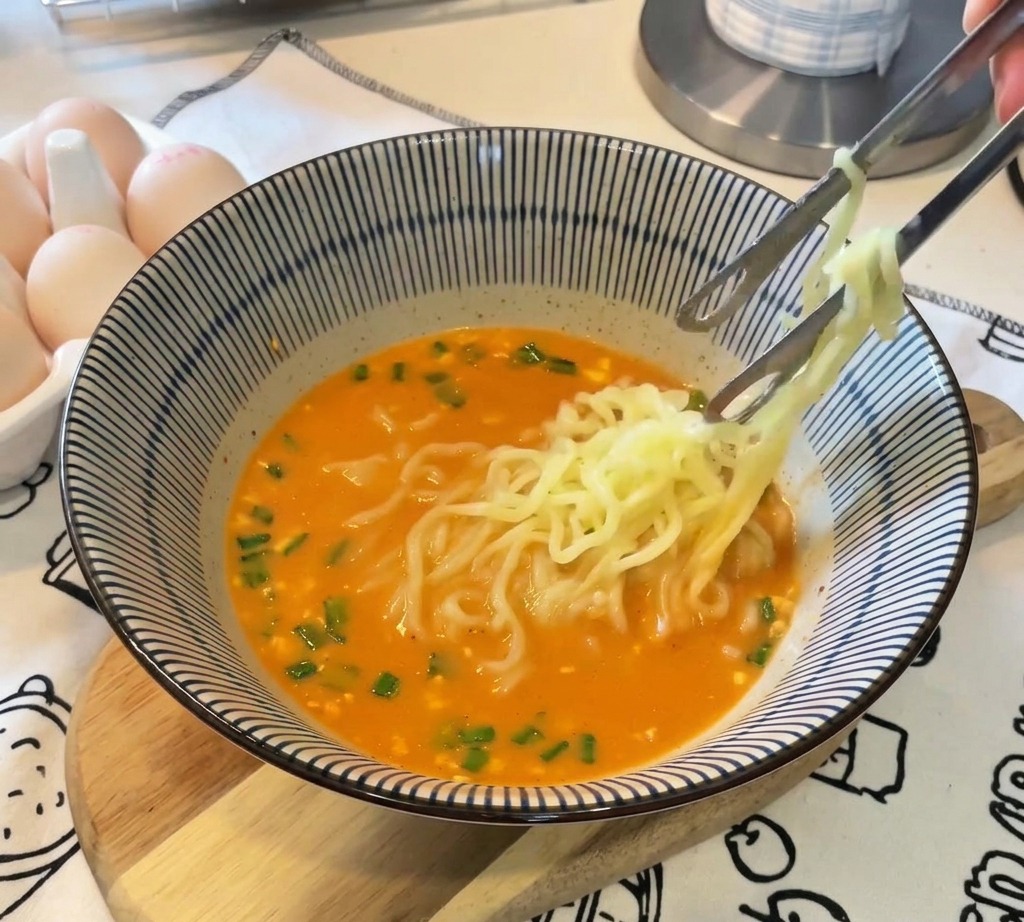 Unos palillos colocando la mitad de un huevo cocido con la yema naranja líquida sobre un tazón de ramen humeante.