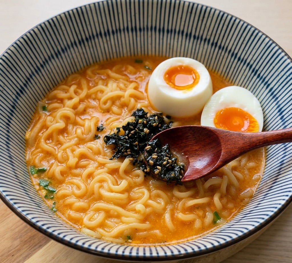 Una cuchara de madera en un tazón de ramen con fideos, caldo y huevos, mientras se añaden algas secas y semillas de sésamo en el centro.