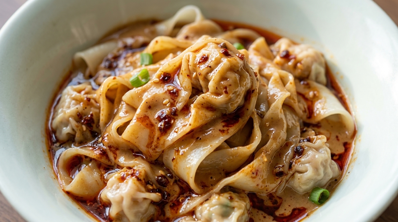 Tallarines de wonton estirados a mano con salsa picante de sésamo