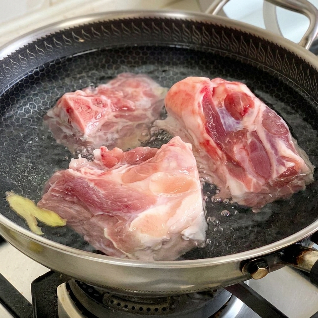 Huesos de cerdo crudos sumergidos en una olla con agua fría, una rodaja de jengibre y cebolletas listos para blanquear.