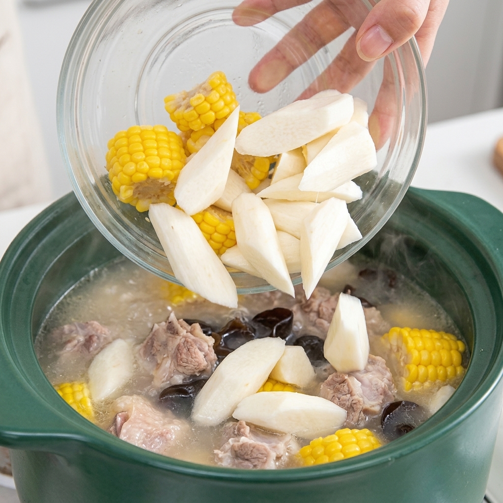 Una mano virtiendo un tazón de trozos de maíz y ñame en rodajas en una olla de barro verde con sopa y hongos oreja de judas.