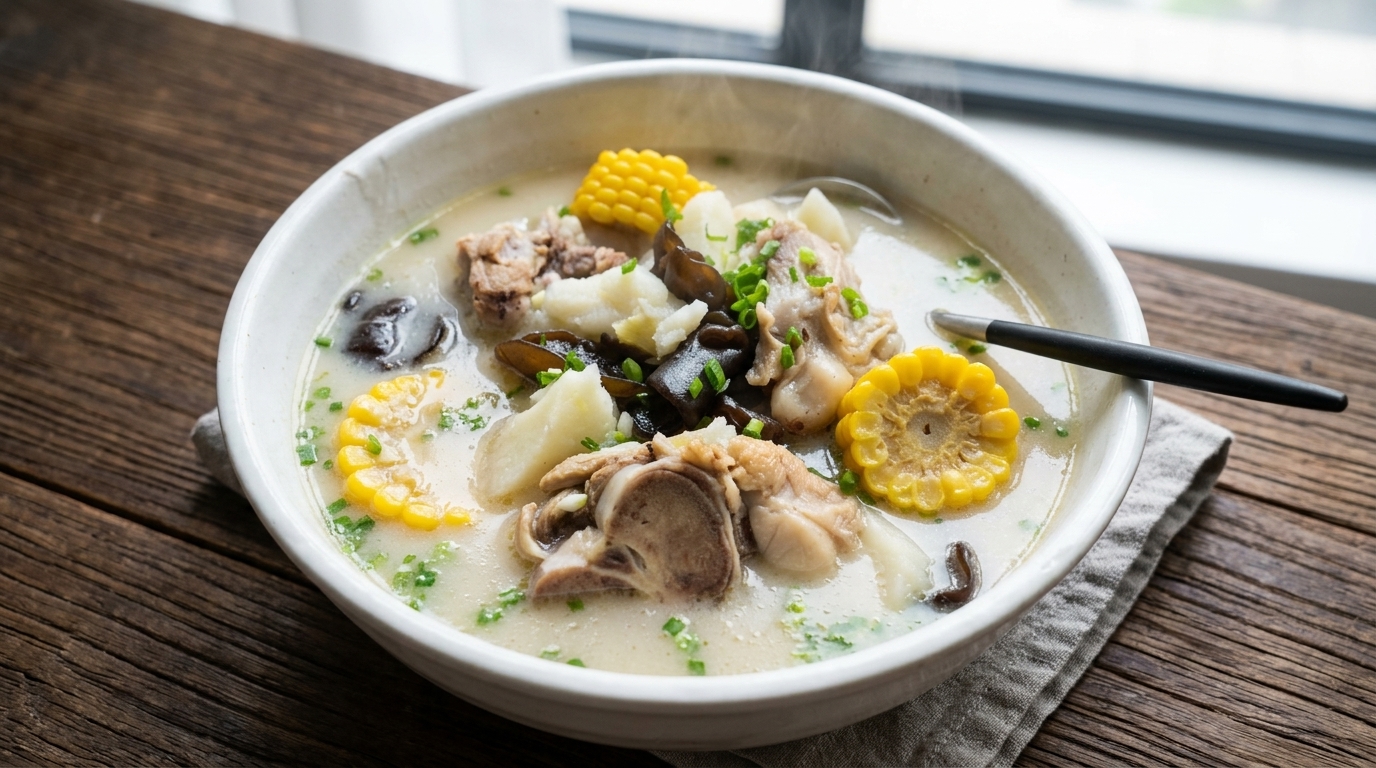 Sopa cremosa de huesos de cerdo con maíz dulce y ñame