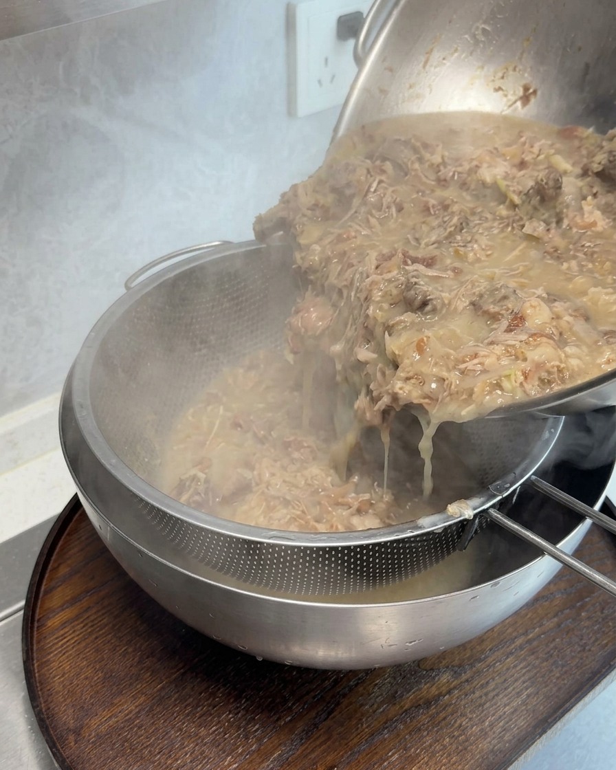 Caldo de huesos espeso pasándose por un colador de malla fina para retirar los sólidos de la carne.