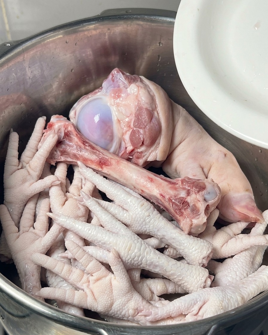 Una olla de acero inoxidable llena de patas de pollo crudas, un hueso grande de tuétano de cerdo y una pata de cerdo sumergidos en agua con aromáticos.