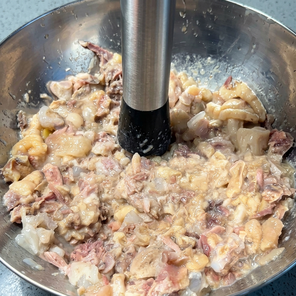 Un utensilio de metal para machacar presionando la carne cocida y los cartílagos blandos en un bol de acero inoxidable.