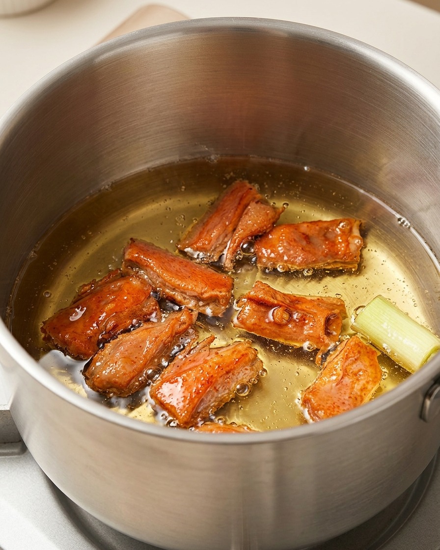 Cabezas de camarón y un trozo de cebolleta friéndose suavemente en una olla de acero inoxidable llena de aceite de soja burbujeante.