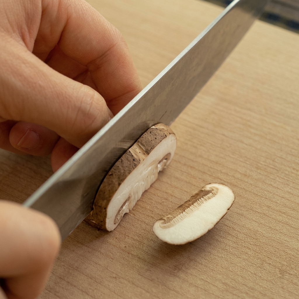 Una mano sosteniendo el sombrero de una seta shiitake marrón mientras la corta en tiras verticales sobre una tabla de madera clara.