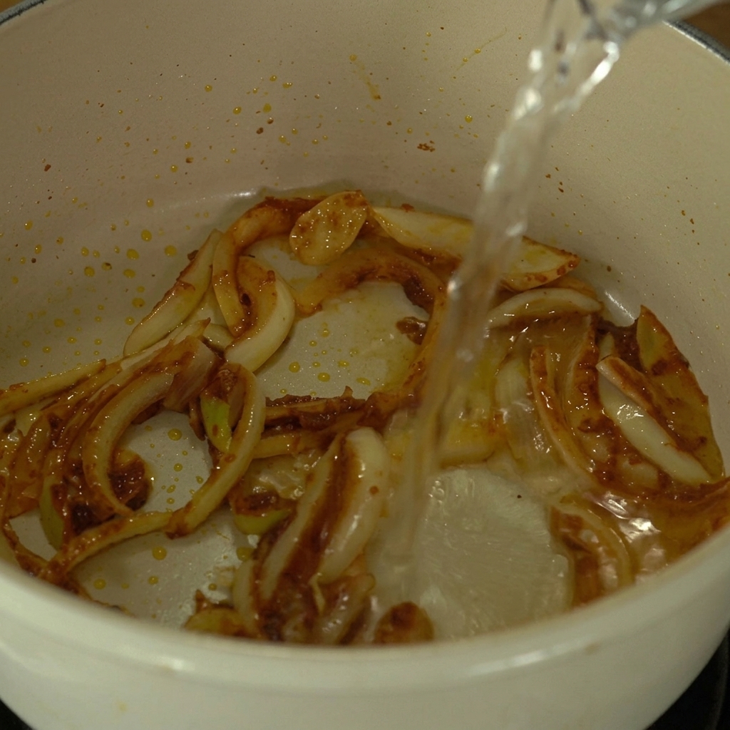 Agua clara vertiéndose en una olla blanca que contiene cebollas sofritas y una mezcla de pasta de soja marrón oscuro.