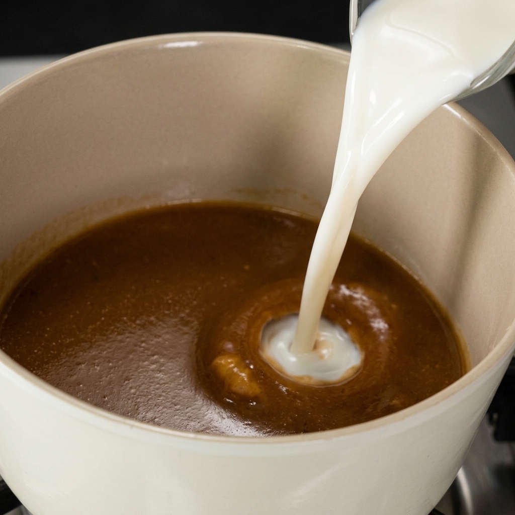 Leche blanca fresca vertiéndose en un caldo sabroso de color marrón oscuro dentro de una olla de cerámica beige claro, creando remolinos cremosos.