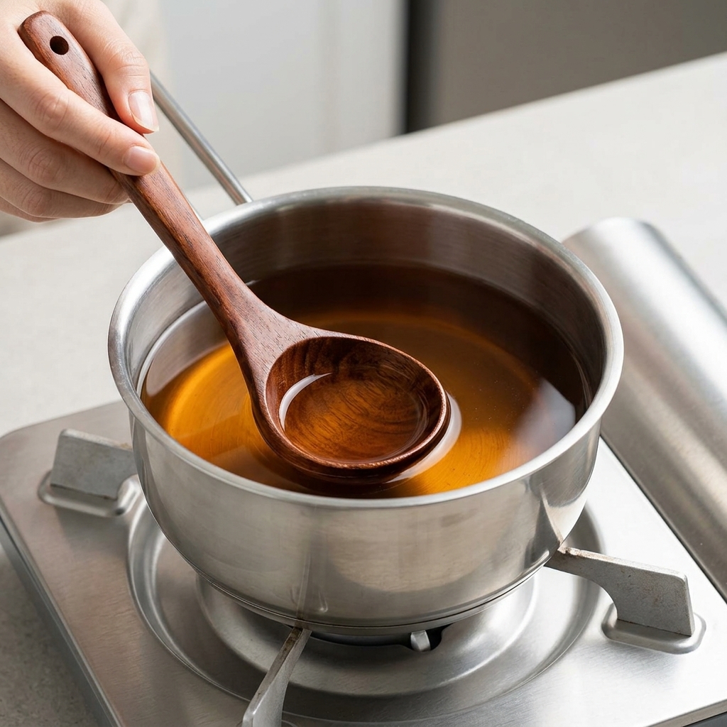 Una mano usando un cucharón de madera para remover un caldo de ramen de color marrón oscuro que burbujea en una olla de acero inoxidable.