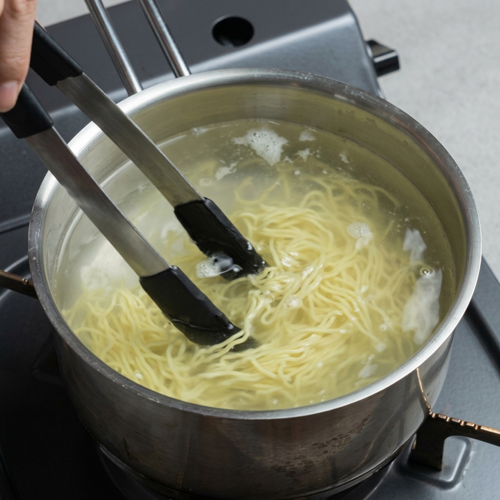 Unas pinzas metálicas removiendo y separando los fideos ramen amarillos sumergidos en agua hirviendo dentro de una olla de metal.