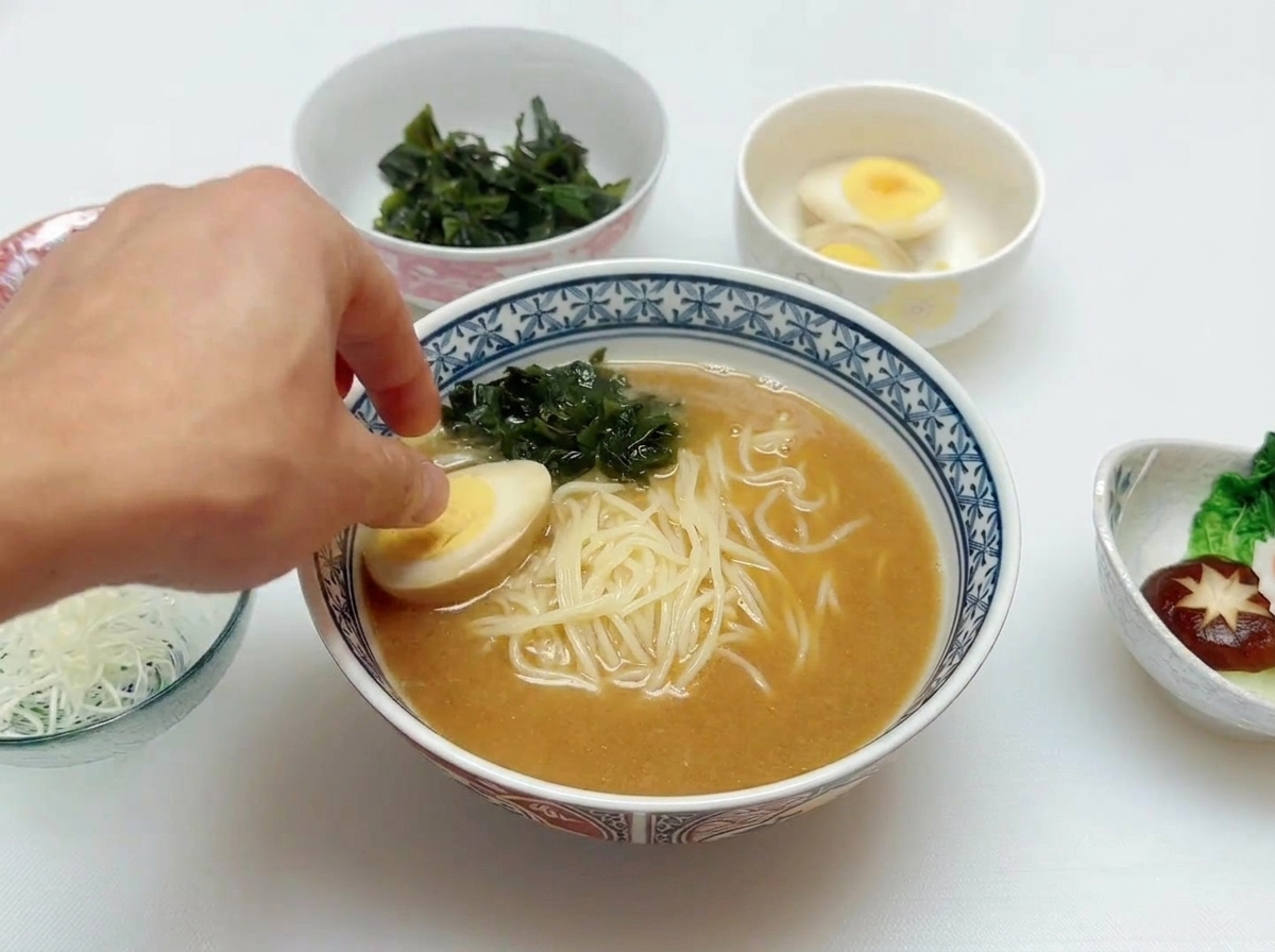Una mano colocando delicadamente la mitad de un huevo tierno en un tazón de ramen de miso caliente.