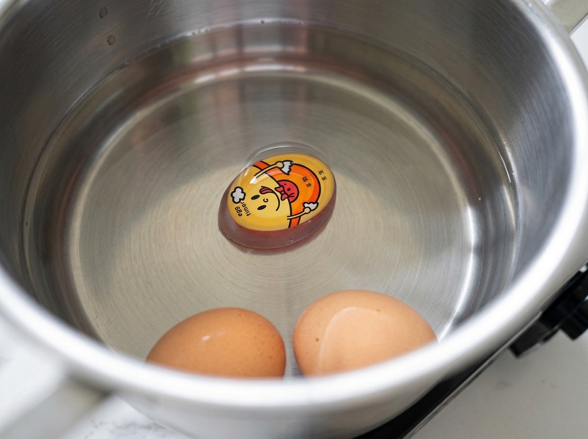 Dos huevos marrones sumergidos en una olla de acero inoxidable con agua hirviendo a fuego lento.