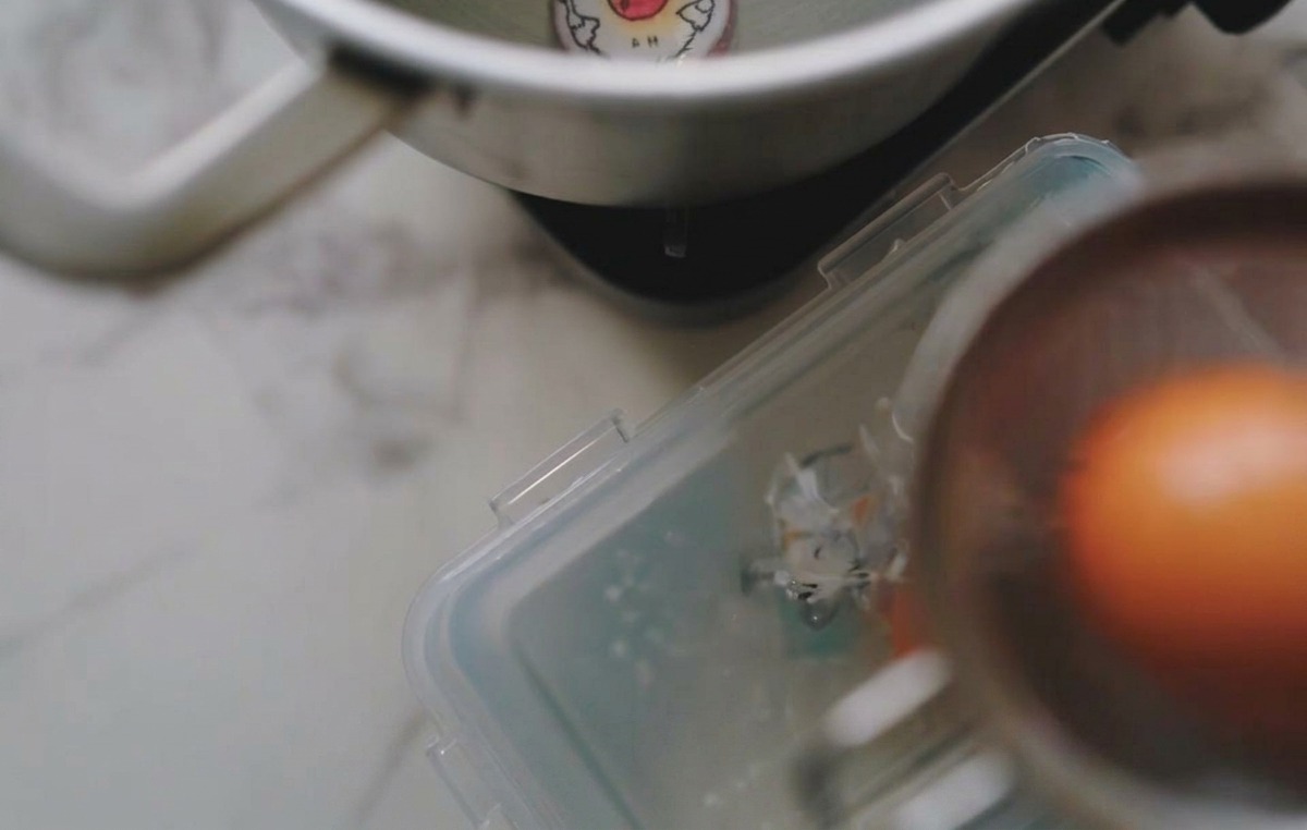 Un huevo marrón introducido en un recipiente transparente con hielo y agua usando una espumadera de metal.
