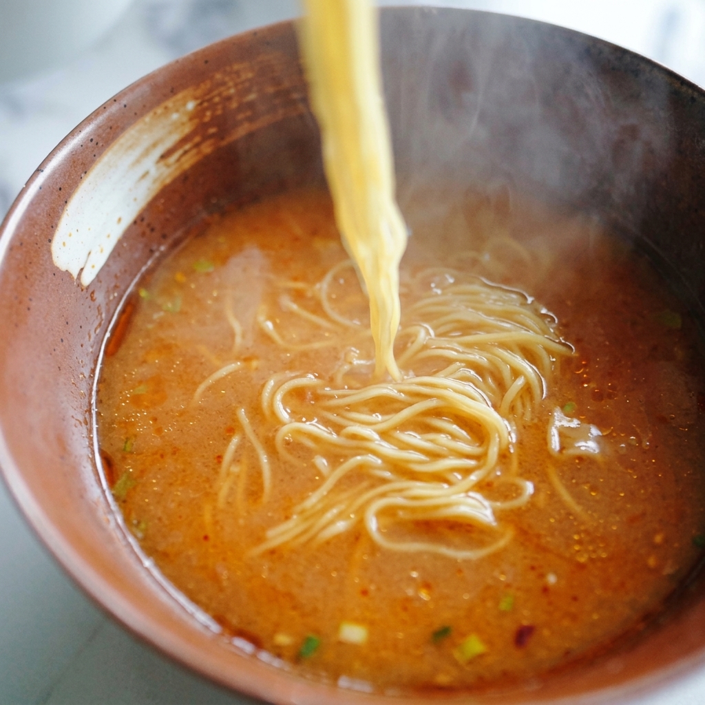 Fideos ramen amarillos levantados con palillos e introducidos en un tazón de caldo de miso de tono anaranjado.