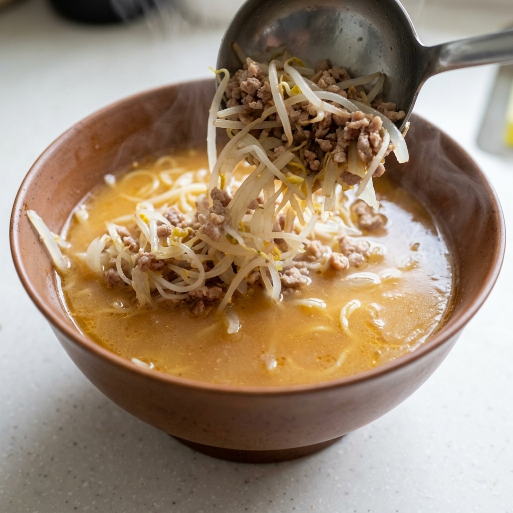 Un cucharón de metal vertiendo una mezcla de carne de cerdo picada cocida y brotes de soja sobre un tazón de ramen de miso.