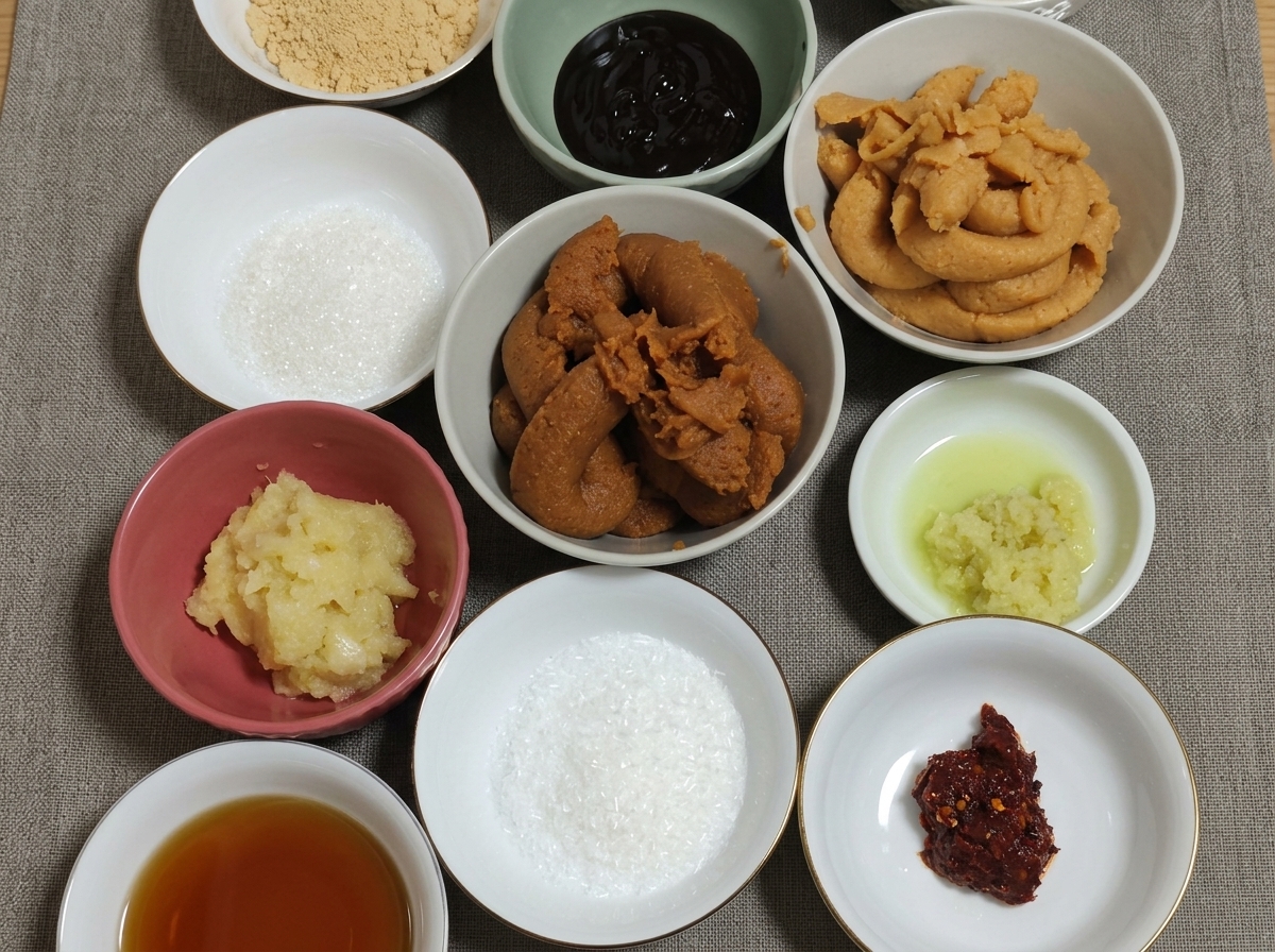 Vista superior de varios tazones de cerámica pequeños sobre una tela gris, con diferentes colores de pasta de miso, azúcar blanca, harina de soja, ajo picado y copos de chile rojo.