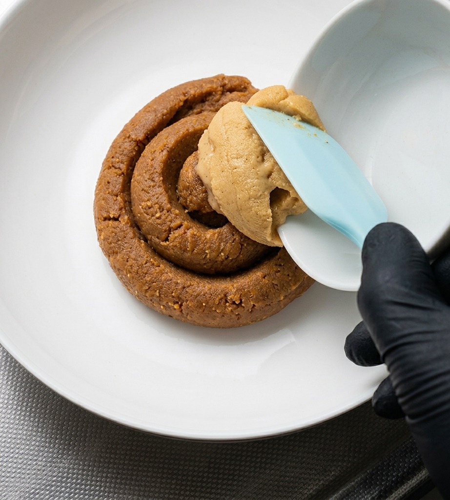 Una mano con guante usa una espátula azul para pasar pasta de miso de color claro de un tazón blanco a un tazón más grande que ya contiene un remolino de miso rojo más oscuro.