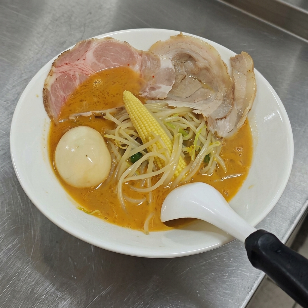 Un tazón terminado de ramen de miso que incluye brotes de soja, mazorquitas de maíz, rebanadas de cerdo chashu, un huevo pasado por agua y un trozo cuadrado de mantequilla amarilla en la parte superior.