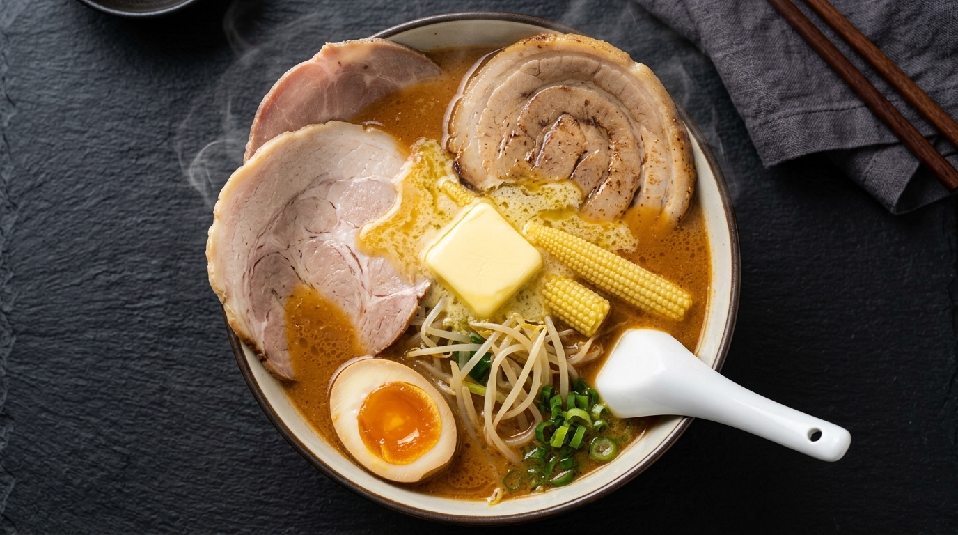 Un tazón de ramen de miso rojo humeante, coronado con mantequilla derretida, cerdo chashu y mazorquitas de maíz.