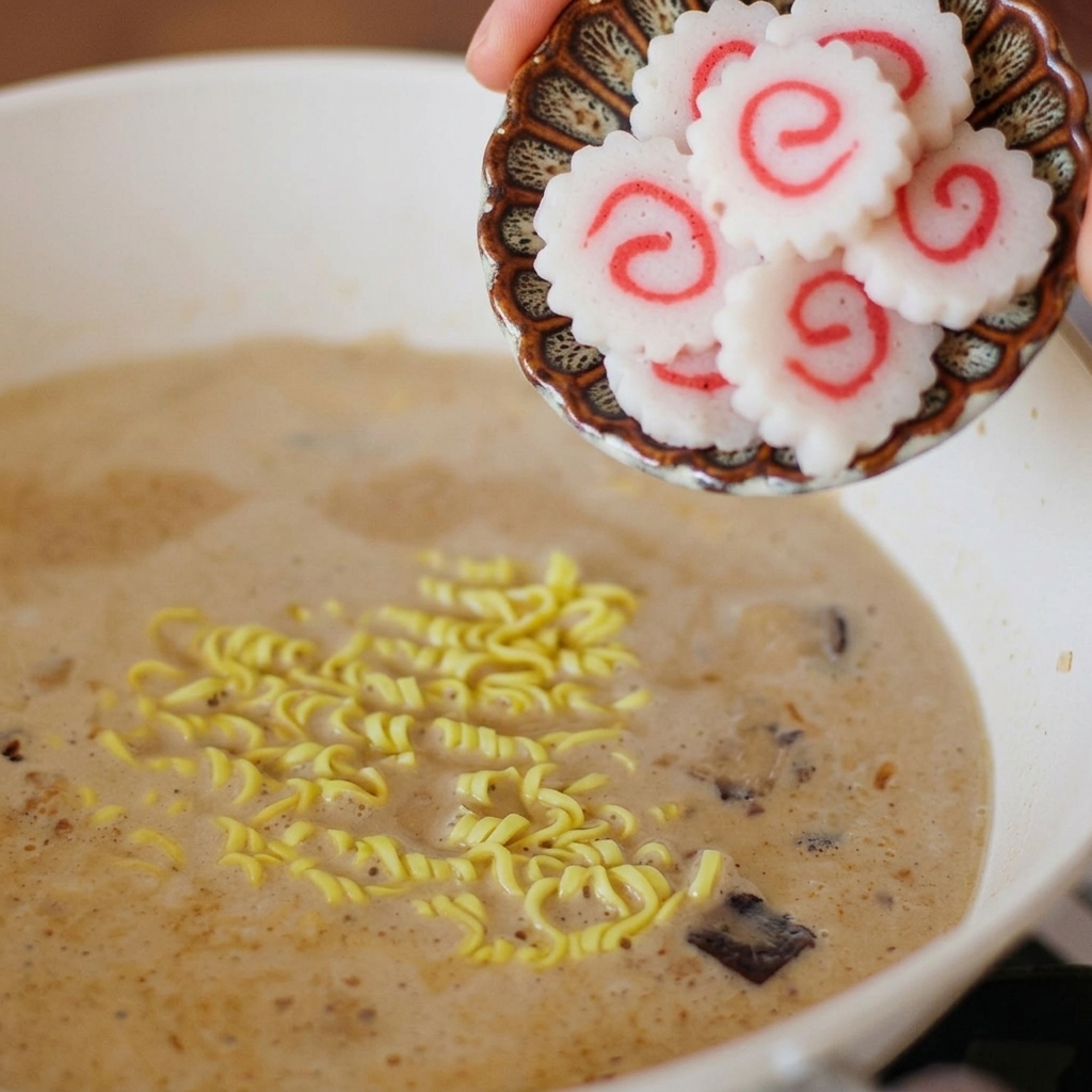 Un pequeño plato decorativo siendo inclinado para dejar caer rodajas de pasteles de pescado narutomaki blancos y rosados en una olla de sopa de ramen.