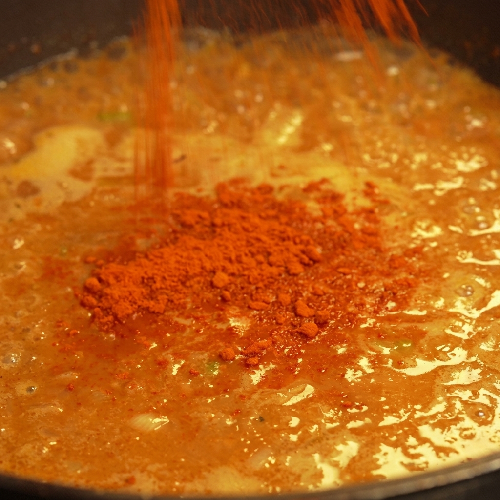 Fino chile rojo en polvo cayendo desde arriba sobre una salsa cremosa de color naranja burbujeante en una sartén negra.