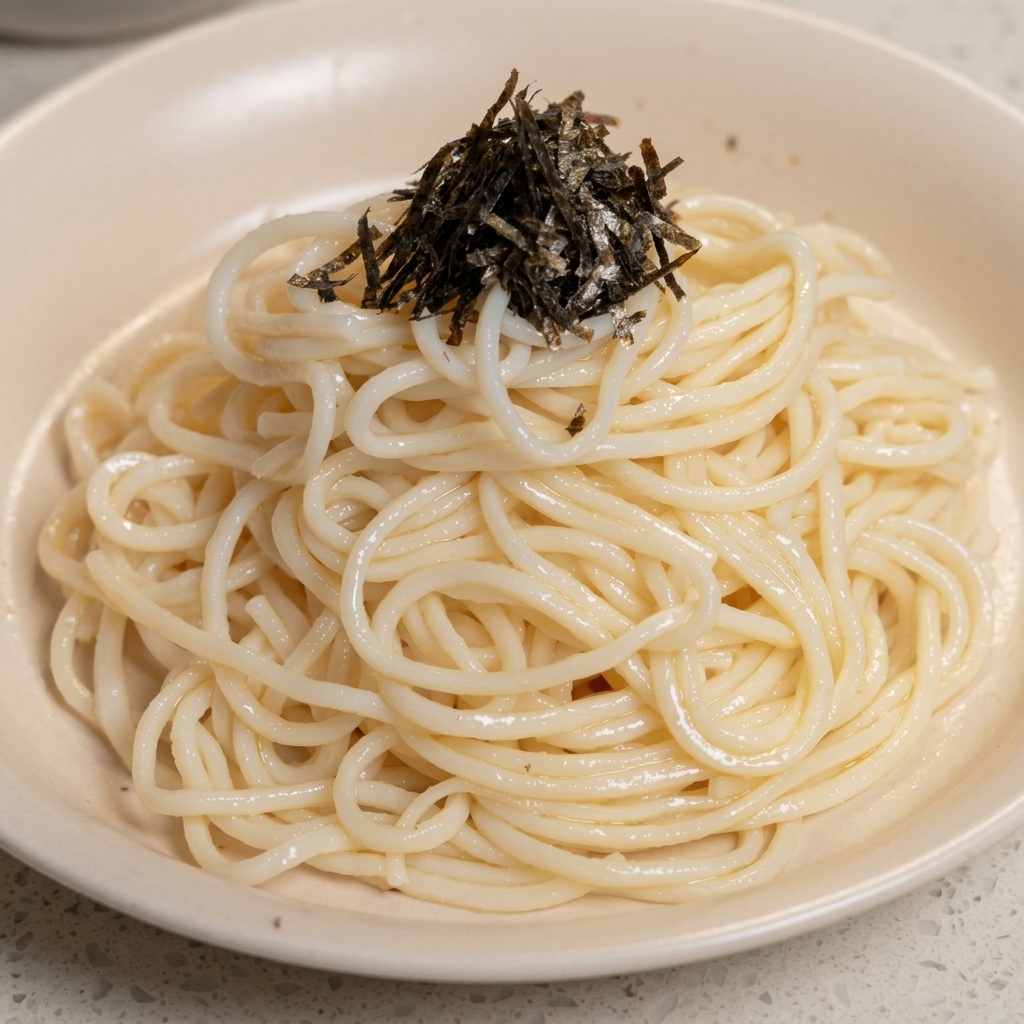 Primer plano de un montón de fideos blancos en un bol color crema, coronado con una pila de tiras finas de alga negra.