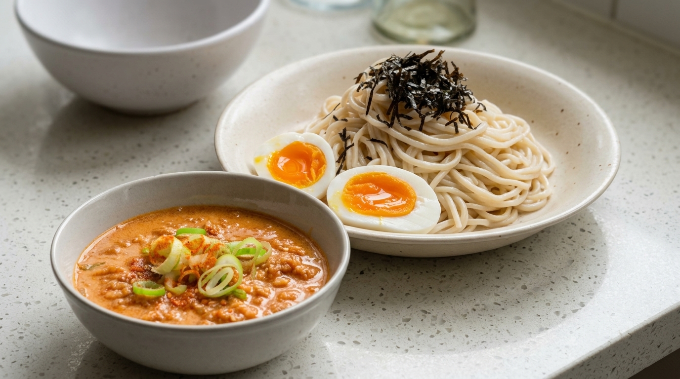 Tsukemen Japonés de Miso Picante y Leche de Soja (Fideos Cremosos para Mojar)