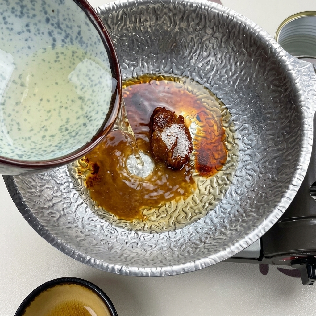 Caldo dashi claro vertiéndose desde un cuenco de cerámica con motivos azules a la olla que contiene la mezcla oscura de miso y azúcar.