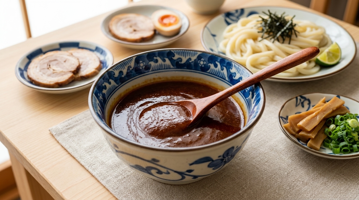 Un bol de salsa de miso oscura y brillante, servida junto a fideos udon fríos y aderezos tradicionales de ramen.