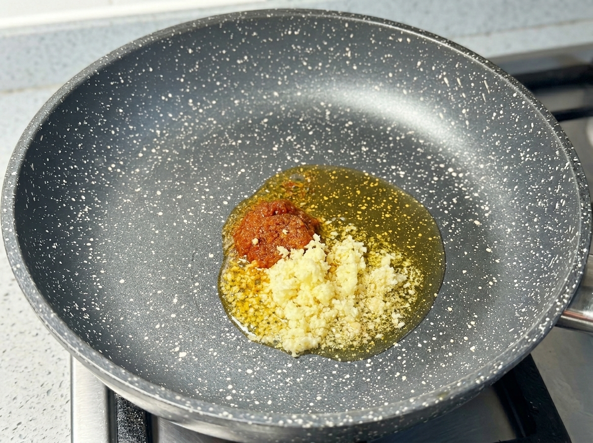 Ajo picado y una cucharada de pasta de gambas rojiza chisporroteando en aceite caliente dentro de una sartén moteada.