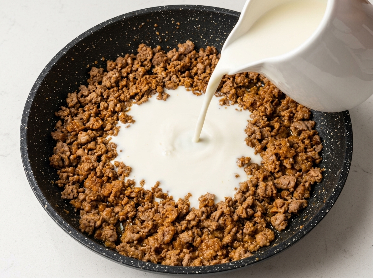 Leche blanca vertiéndose desde una jarra de cerámica en una sartén llena de carne picada de cerdo cocinada.