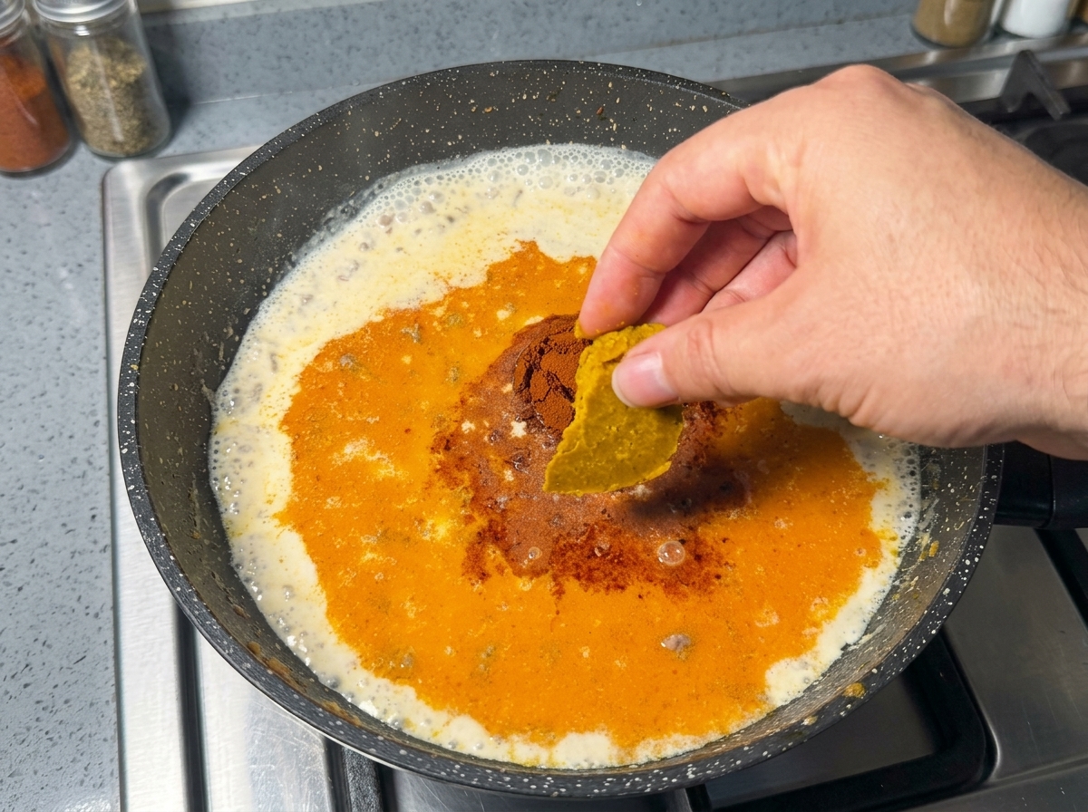 Una mano desmenuzando un bloque de curry japonés dorado sobre una sartén de caldo lechoso con carne picada.