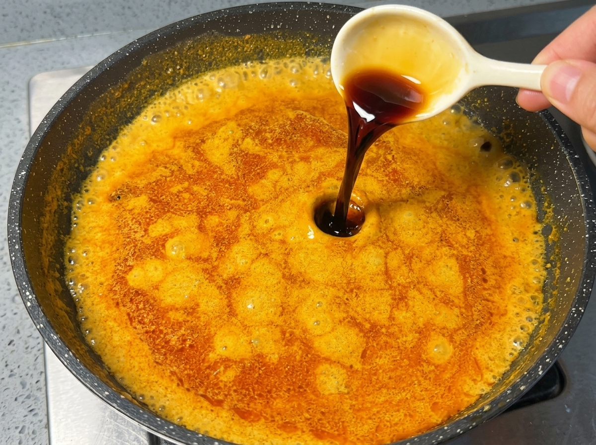 Salsa de soja oscura vertiéndose desde una pequeña cuchara de cerámica en una sartén con salsa de curry naranja que hierve a fuego lento.