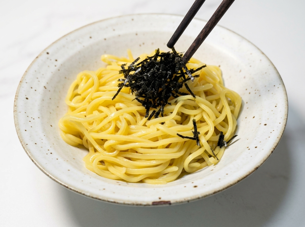 Palillos oscuros colocando un montón de alga nori desmenuzada negra sobre fideos amarillos cocidos en un cuenco moteado.