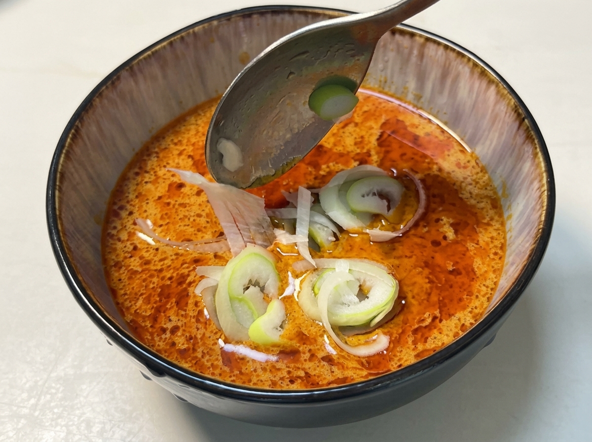 Una cuchara colocando cebolleta fresca en rodajas sobre una densa salsa de curry marrón anaranjada en un cuenco de cerámica oscuro.