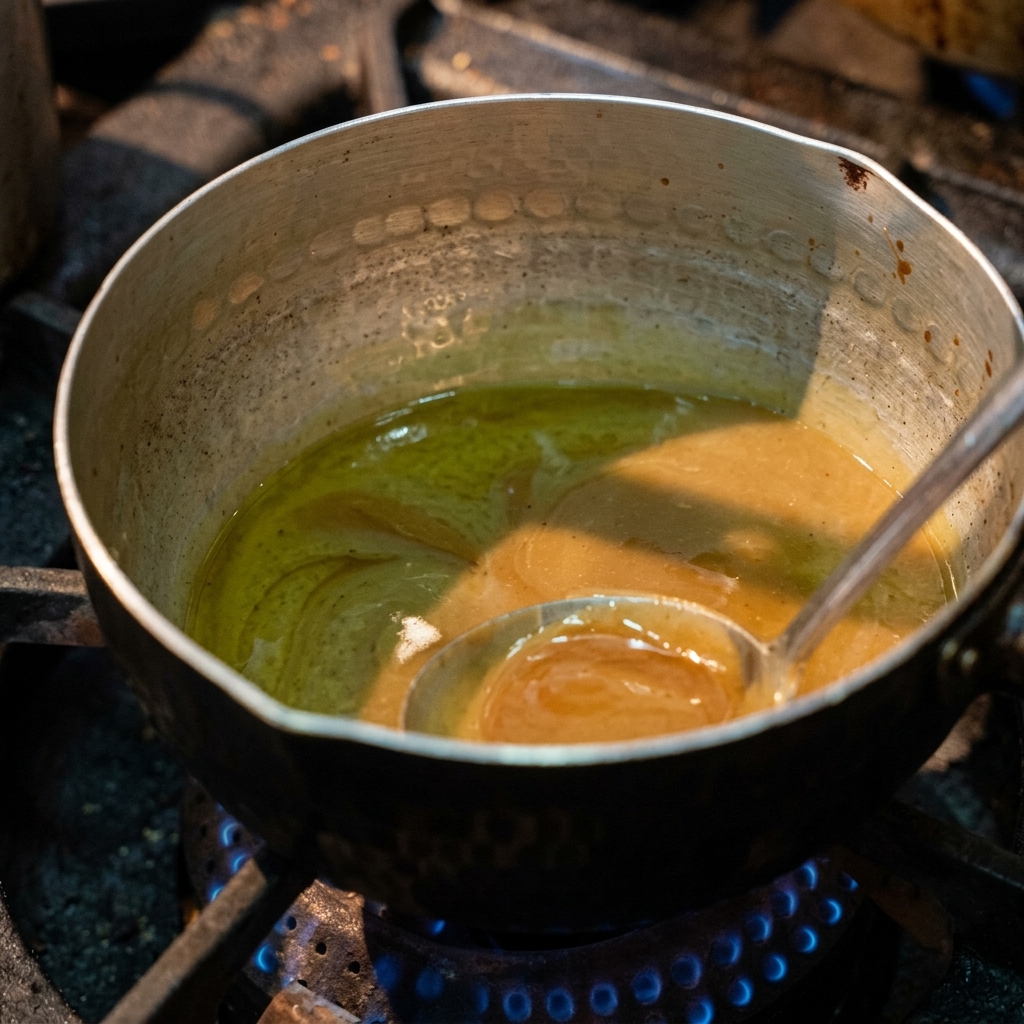 Una olla de metal sobre una estufa de gas con llamas azules, con un cucharón removiendo una salsa de inmersión de color marrón.