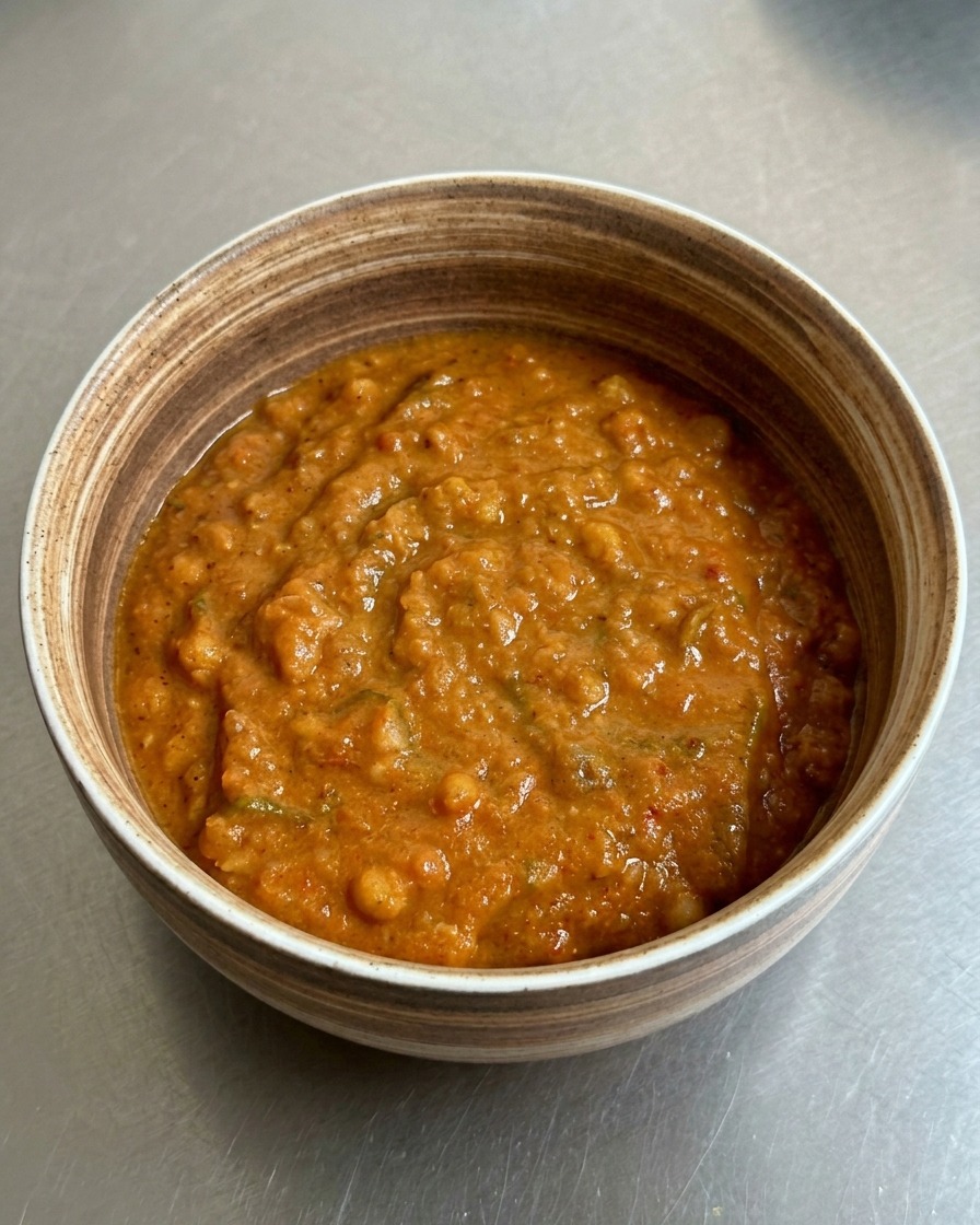 Un tazón de cerámica lleno de una salsa para mojar espesa de color marrón anaranjado que muestra trozos de carne y cebollín.