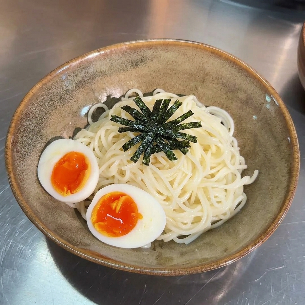 Un tazón de cerámica marrón con fideos ramen blancos coronados por dos mitades de huevo tierno y una decoración en forma de estrella de alga nori en tiras.