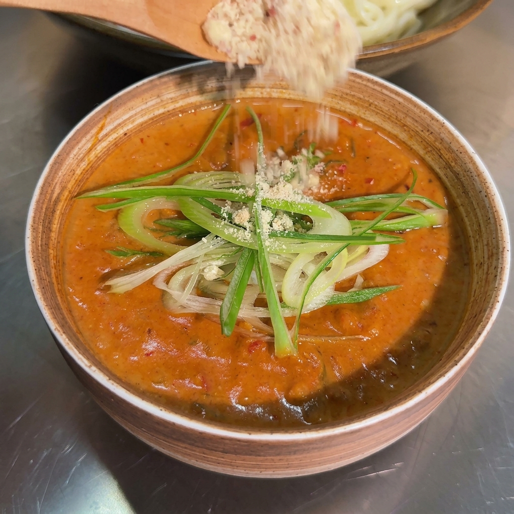 Un primer plano de un tazón de salsa naranja para mojar siendo decorado con hilos de cebollín fresco y polvo de cacahuate cayendo desde una cuchara de madera.
