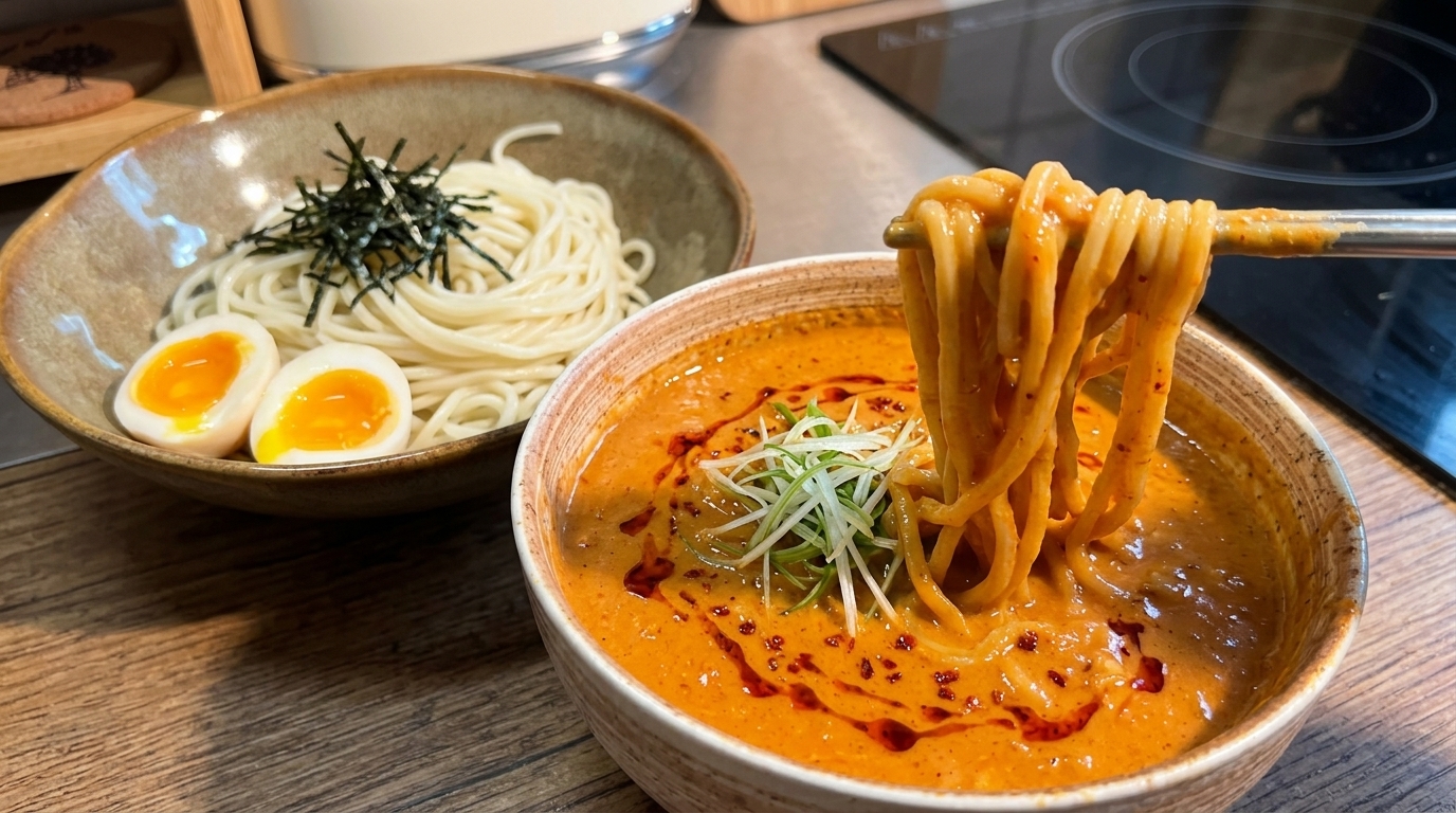 Fideos Tsukemen Japoneses con Salsa de Miso y Leche de Soya