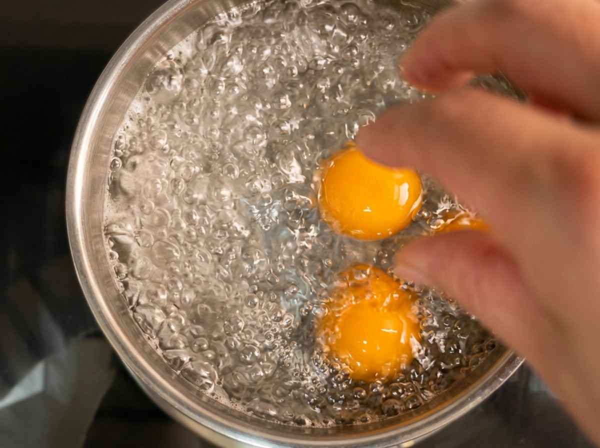 Una mano colocando suavemente huevos enteros en una olla de acero inoxidable con agua hirviendo a borbotones.