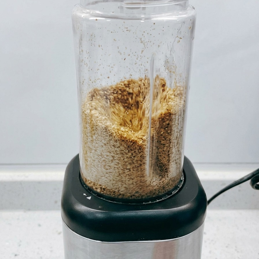 Semillas de sésamo tostadas girando rápidamente y triturándose hasta hacerse un polvo fino dentro de un vaso de batidora eléctrica pequeña.