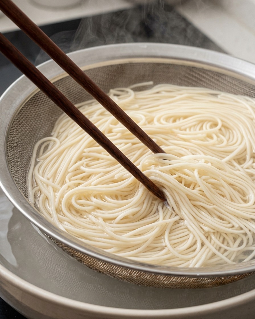 Un colador de malla lleno de fideos ramen cocidos y humeantes siendo levantado de una olla con palillos de madera.