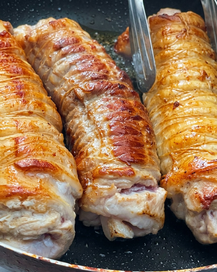 Tres rollos atados de panceta de cerdo dorándose en una sartén mientras unas pinzas de metal ajustan su posición.
