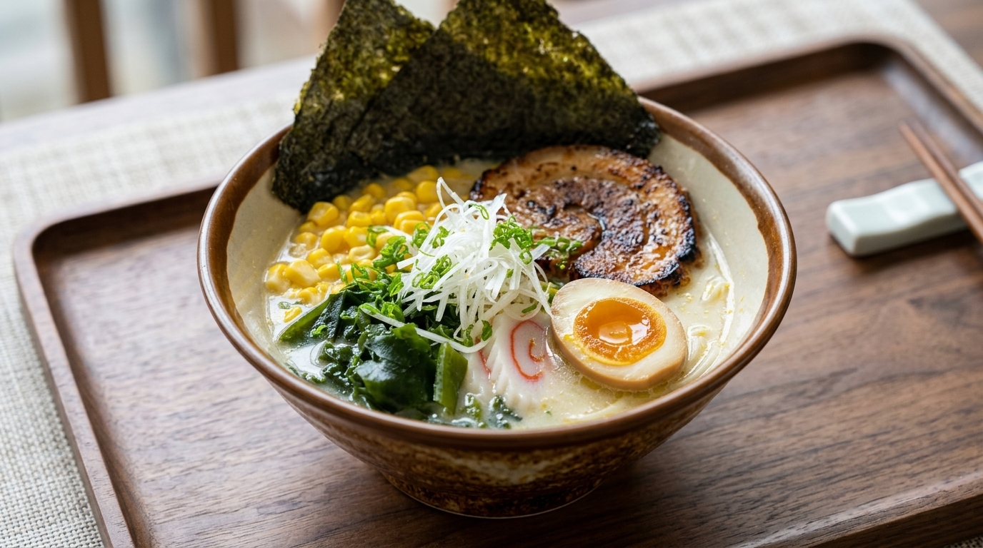 Un vibrante cuenco de Ramen Yuzu Shio con caldo cremoso, panceta chashu marcada, huevo poché tierno y aderezos frescos
