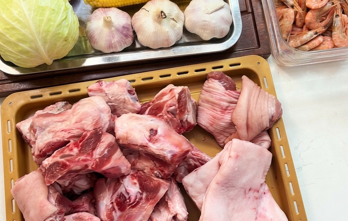 Varios ingredientes crudos que incluyen huesos de cerdo en una bandeja, un recipiente con camarones rosados, maíz en la mazorca y cabezas de ajo dispuestos en la encimera de la cocina.