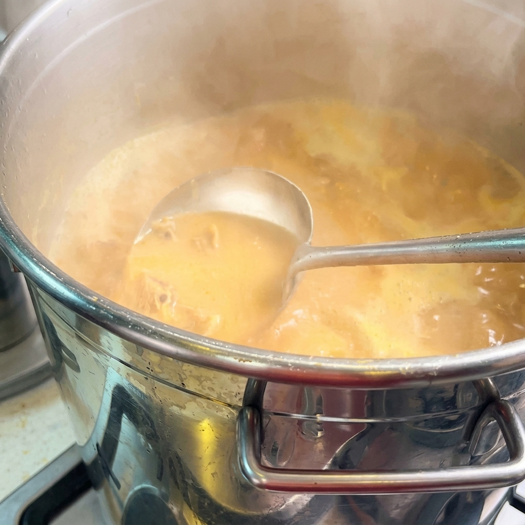 Un cucharón metálico levantando una porción de caldo de ramen de camarón espeso, opaco y de un vibrante color amarillo anaranjado de una gran olla profesional.