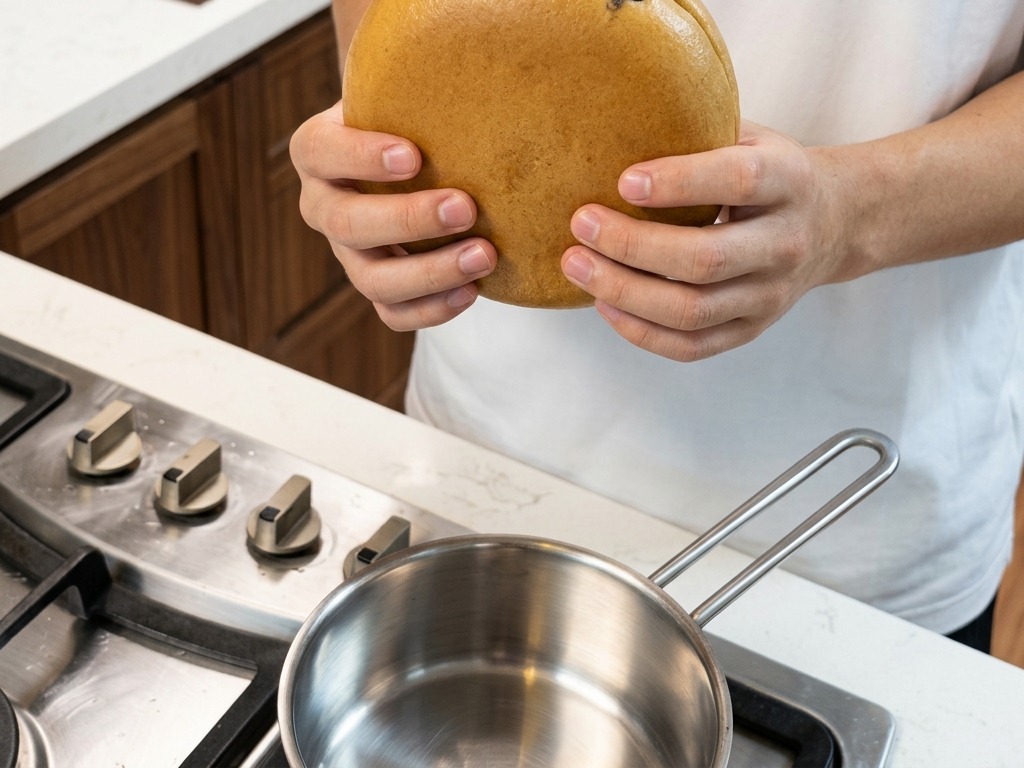 Una persona sosteniendo un disco circular sólido de ramen congelado sobre una olla de acero inoxidable, mostrando la base de sopa congelada de color marrón claro suave.